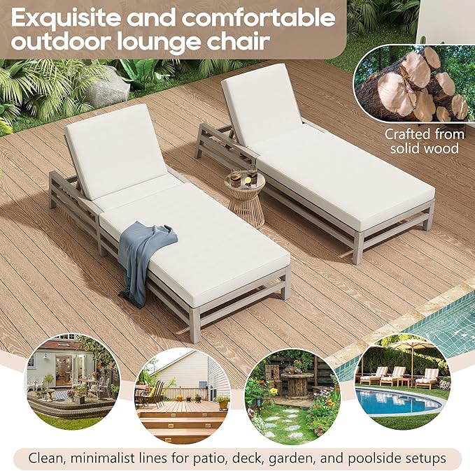 LUMISOL Patio Chaise Lounge Chair, 5-Position Adjustable Outdoor Chaise Lounge, Solid Wood Patio Recliner Chair with Thick Cushions, Weather-Resistant for Pool, Balcony, Garden, Grey