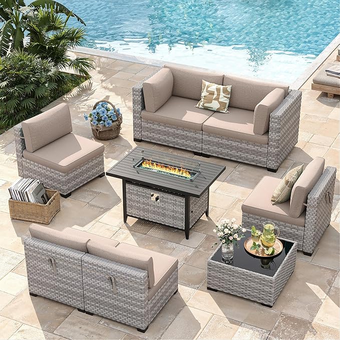 6-Seat Modern Outdoor Wicker Rattan Patio Furniture Set with 55,000 BTU Fire Pit Table, Thick 4″ Cushions, All-Weather Dual-Strand Rattan, Rust-Resistant Steel Frame,Beige