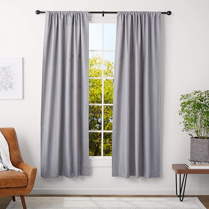 Amazon Basics Adjustable Curtain Rod for Windows with Round Finials, 1-Inch Rod, 36" to 72", Black, 1-Pack