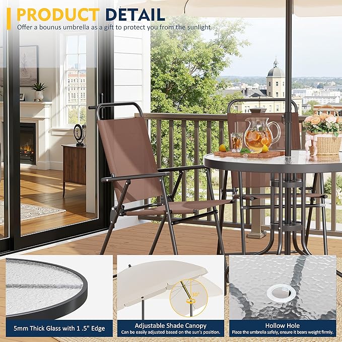 Shintenchi 6 Piece Patio Dining Set with Umbrella, Outdoor Furniture Set with 4 Folding Chairs and Tempered Glass Top Dining Table fot Lawn Backyard Garden Porch Brown and Beige