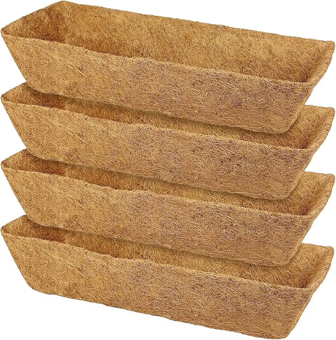 4 Pack 24 Inch Trough Coconut Liners for Window Box Deck Planter Natural Coco Fiber Replacement Liner for Outdoor Plants Rectangular Coir Planters for Porch Balcony Garden Decor