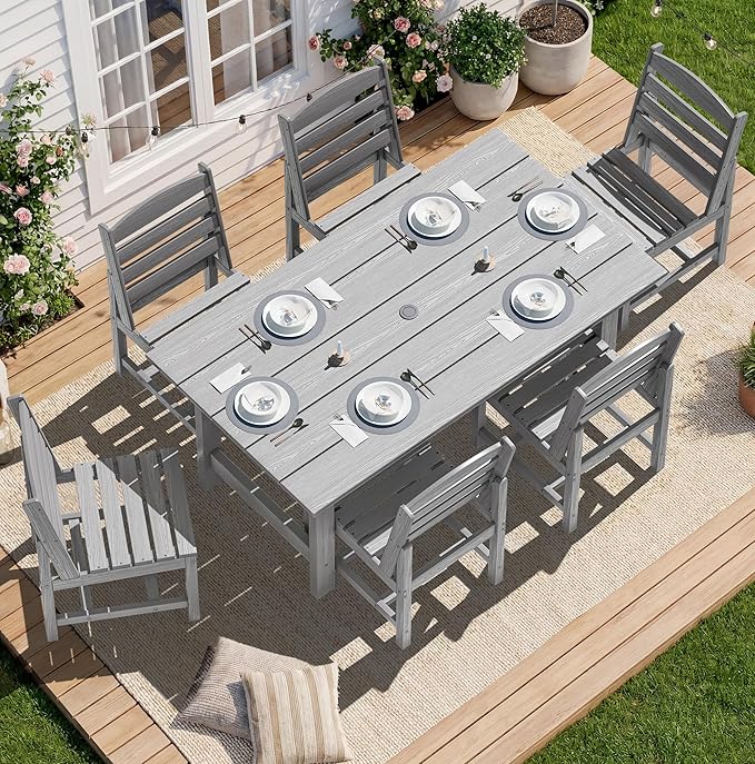 SERWALL Patio Dining Sets for 6 Person, HDPE Dining Set with 6 Armless Chairs, Light Gray