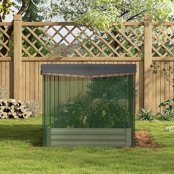 Outsunny 7.3 x 3.4 x 1 ft Galvanized Raised Garden Bed with Crop Cage Plant Protection Net and Shade Cloth Roof, Metal Planter Box with Cover for Vegetables, Flowers, Herbs, Beige