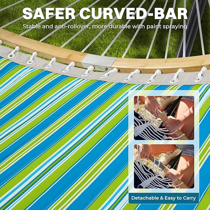 SUPERJARE Curved-Bar Hammock with Stand, 2 Person Heavy Duty Hammock Frame, Detachable Pillow & Portable Carrying Bag, Perfect for Outdoor & Indoor, Thin Blue and Green Stripes