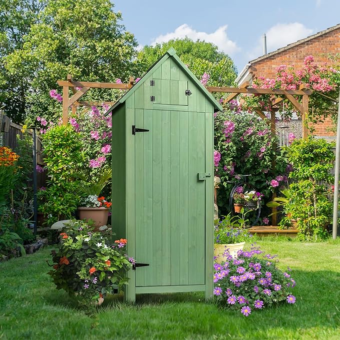 VINGLI Outdoor Wooden Storage Shed, Garden Shed Outside Tool Cabinet with Safety Latch, Patio Storage Organizer (Light Green)
