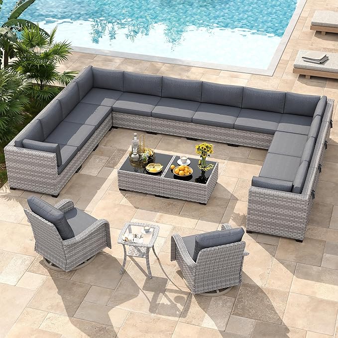 14-Seat Modern Patio Furniture Set with Swivel Rocking Chairs, Thick 4″ Cushions, Dual-Strand Wicker Rattan, Rust-Resistant Steel Frame – Outdoor Conversation & Modular Sectional,Black