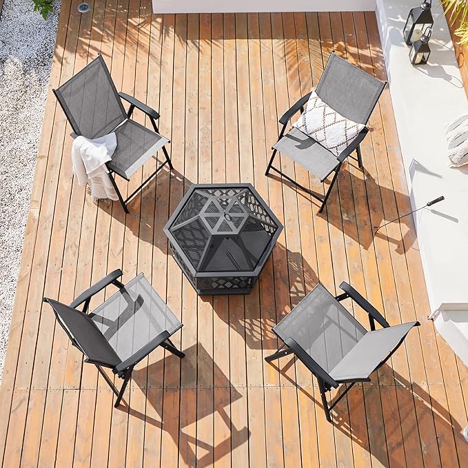 Yaheetech Patio Dining Chairs Set of 4 with Armrests, Outdoor Folding Chairs with Metal Frame and Backrest for Lawn, Garden, Yard and Poolside, Gray
