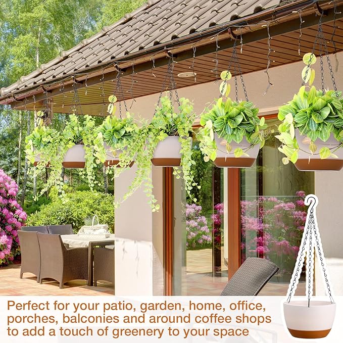 Mumufy 6 Pcs 8 Inch Hanging Planter for Indoor and Outdoor Plants Plastic Hanging Flower Pots with Drainage Hole and Removable Saucer Hanging Plant Holder Plant Hanging Basket (White)