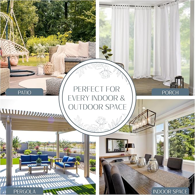 Elrene Home Fashions Matine Weatherproof Tab-Top Indoor/Outdoor Solid Color Curtain Panel for Porch, Pergola, Patio, Deck, 52”W x 95”L, White