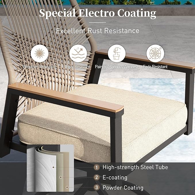 9 Pieces Patio Dining Set, 8 x Woven Rattan Chairs with Waterproof Cushion, 60" Square Metal Dining Table with Umbrella Hole, Outdoor Table and Chairs Set for Backyard Lawn and Deck, Beige