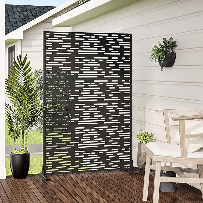 Casaphoria 72" H x 47" W Metal Privacy Screen, Outdoor Freestanding Decorative Divider for Patio, Deck, Balcony, and Garden with Stable Base, Black-Godfrey