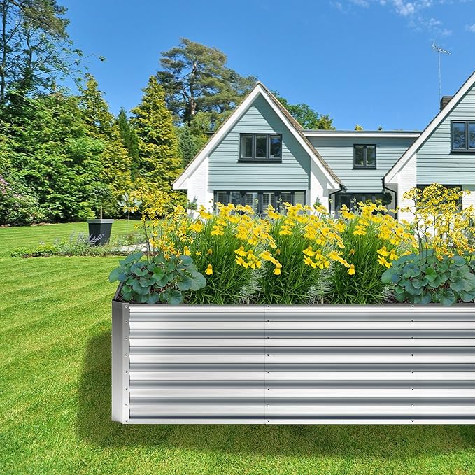 8x4x2FT Galvanized Raised Garden Bed,Planter Raised Beds-Metal Garden Box,Large Plant for Outdoor Planting, Vegetables Bed，Flower,herb-Silver