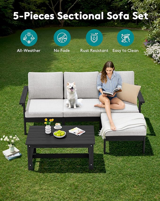 SERWALL Outdoor Sectional Sofa Set, 5-piece Outdoor Modula Couch Set with Ottoman, All Weather Patio Furniture Set with Chaise for Deck, Lawn, Black Frame with Khaki Cushion