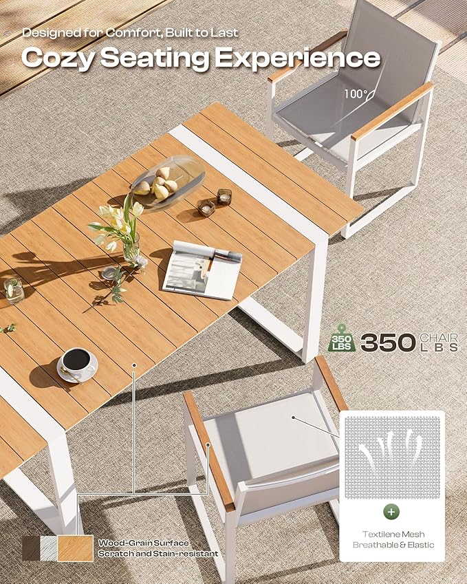 Outdoor Dining Table for 6, HDPS+ Aluminum Patio Dning Table with U-Shape Leg, Size: 67.4"*32.3"*29.6",Modern Rectangular Table for Lawn, Garden (White-Teak)