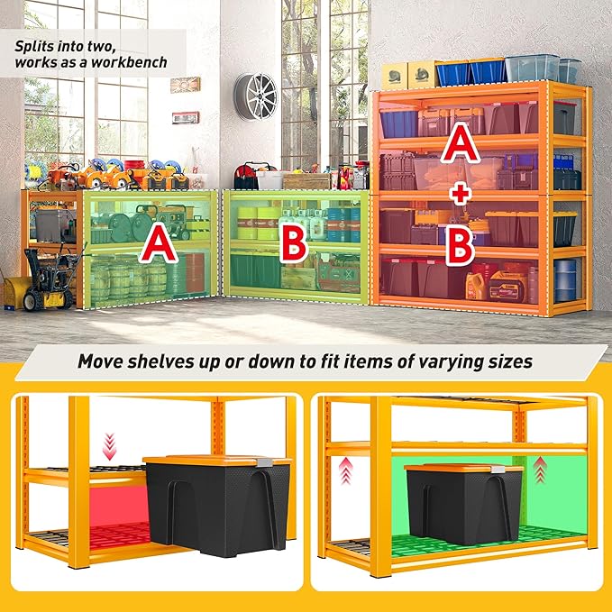 REIBII Garage Shelving Load 3200LBS, 5-Tier Storage Shelves, Adjustable Heavy Duty Metal Shelving Unit for Pantry, Basement, Warehouse, 72" H x 36" W x 16" D, 2PC