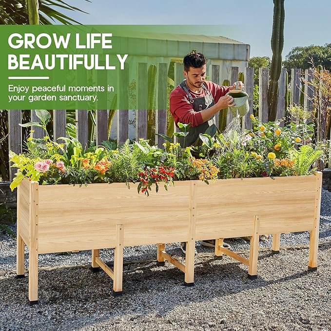 AMERLIFE 7x2 Ft Raised Garden Bed, 16 Inch Depth Featuring Legs, Drainage Holes, Ideal for Deep Rooted Vegetables, Flowers, Herbs, Elevated Wood Planter Box for Balcony, Patio, Backyard, Easy Assembly