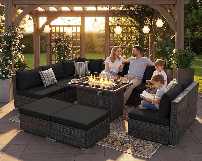 NICESOUL 10 Pcs Outdoor Sectional Set with Natural Gas/Propane Firepit Table, 29.3'' High-Back Patio Furniture Sofa Set, Oversized Rattan Couches for Backyard Garden Lawn, 2 Color Cushion Black & Gray