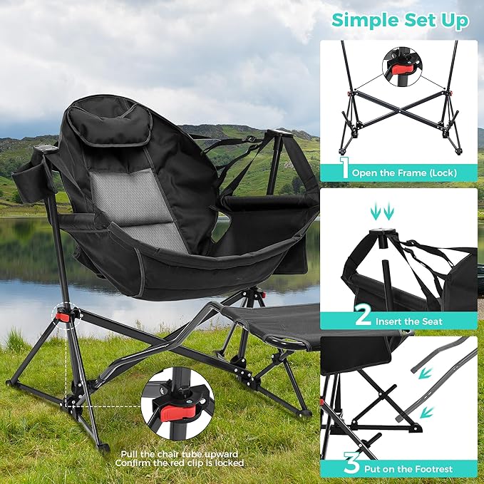 Ainfox Hammock Camping Chair with Footrest, Foldable Portable Rocking Chairs for Adults Outside Swinging Camp with Cup Holder Pillow for Outdoor Patio Poolside (Dark Black)