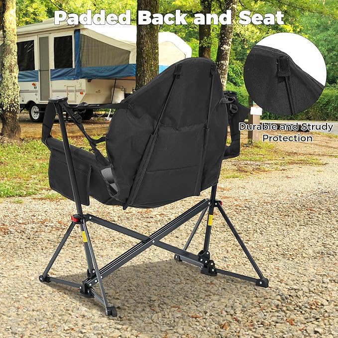 Ainfox Hammock Camping Chair, Foldable Portable Rocking Chairs for Adults Outside Swinging Camp with Cup Holder Pillow for Outdoor Patio Poolside (Black)
