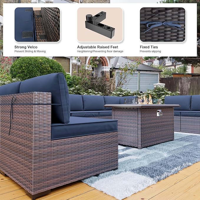 Kullavik 13 Pieces Outdoor Patio Furniture Set,PE Wicker Rattan Sectional Sofa Patio Conversation Sets with 43" 55000BTU Gas Propane Fire Pit Table,Swivel Rocking Chairs Set,Navy Blue