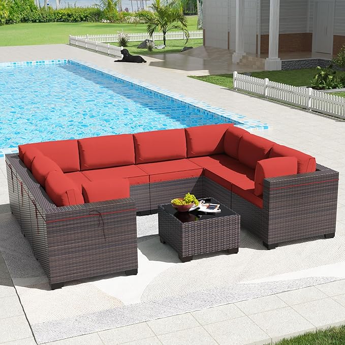 Kullavik 9 Pieces Outdoor Patio Furniture Set PE Wicker Rattan Sectional Sofa Patio Conversation Sets,Red
