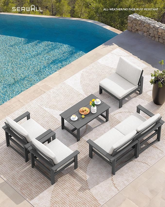 SERWALL HDPE Patio Conversation Set, 6-piece Sectional Outdoor Furniture Set, All Weather Outdoor Couch Set Patio Furniture Set for Deck, Lawn, Grey Frame with Khaki Cushion