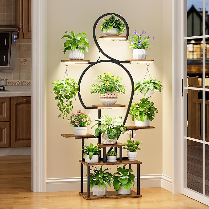 POZILAN Plant Stand Indoor with Grow Light - 9 Tiered 63" Tall Indoor Plant Shelf for Multiple Plants, Large Plant Shelf with Grow Light, Lighted Plant Stand for Indoor Plants