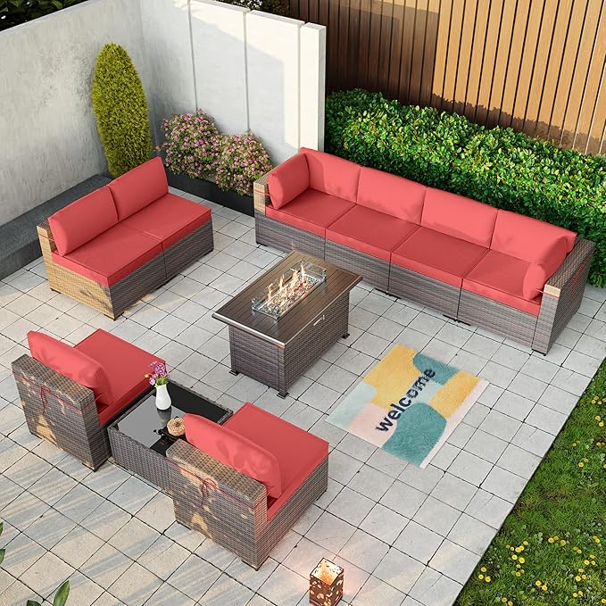 Kullavik 10 Pieces Outdoor Patio Furniture Set with 43" 55000BTU Gas Propane Fire Pit Table PE Wicker Rattan Sectional Sofa Patio Conversation Sets,Red