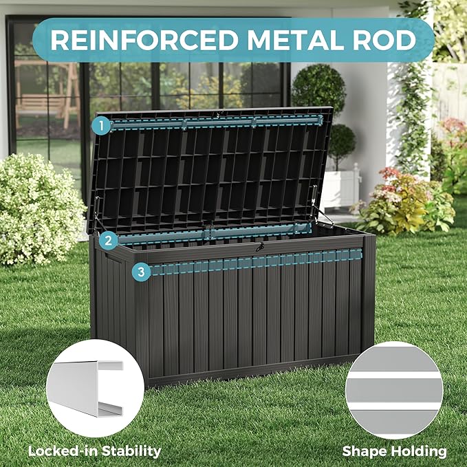 Outdoor Storage Box, Resin Deck Boxes Indoor and outdoor, Waterproof Storage Box Lockable Lid (Black, 160 Gallon)