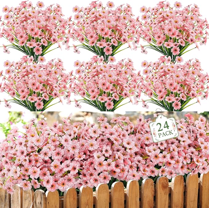 MACTING 24 Bundles Artificial Flowers for Outdoors Fake Flowers UV Resistant Faux Plastic Plants No Fade for Planters Window Box Patio Porch Garden Home Indoor Outdoor Spring Decorations,Pink