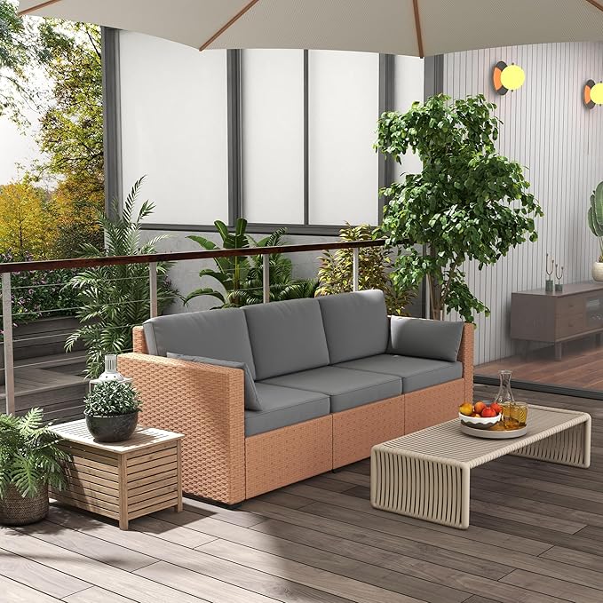 Outsunny Patio Couch PE Wicker Deep Seating Outdoor Sofa with Removable Cushions, 3 Seater Rattan Sofa, Outdoor Furniture for Balcony, Deck, Garden and Poolside, Sand