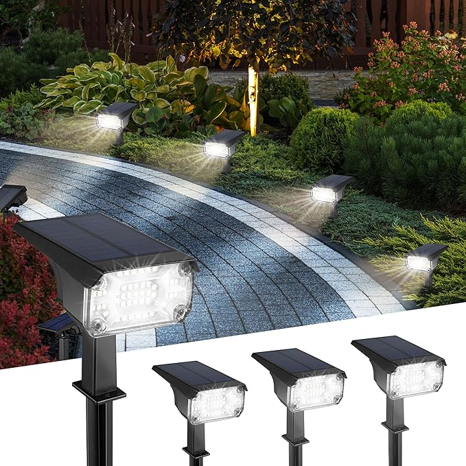 Kingsyard Solar Lights Outdoor Waterproof IP68, 47 LEDs 3 Lighting Modes USB & Solar Powered Garden Yard Pathway Spot Lights for Outside Landscape, Auto On/Off, 4 Pack(Cool White)