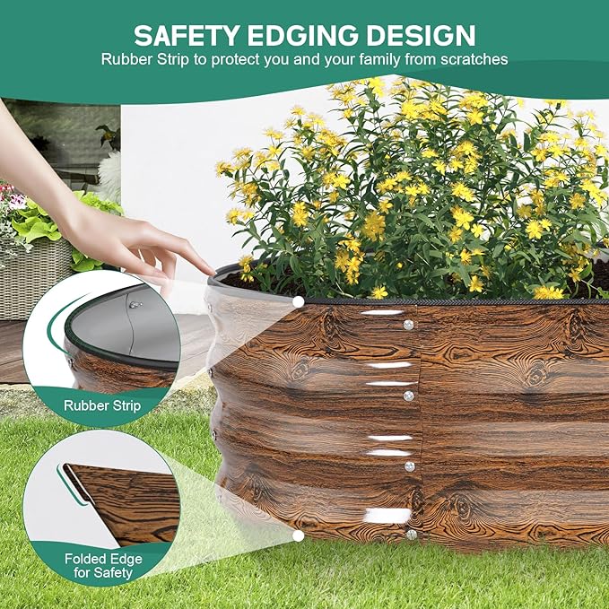 Galvanized Raised Garden Bed - 4×2×1ft (2 Packs) Planter Raised Beds for Gardening | Oval Metal Garden Planter Box with Safety Edging and Gloves for Vegetables Fruits and Flower - Grain