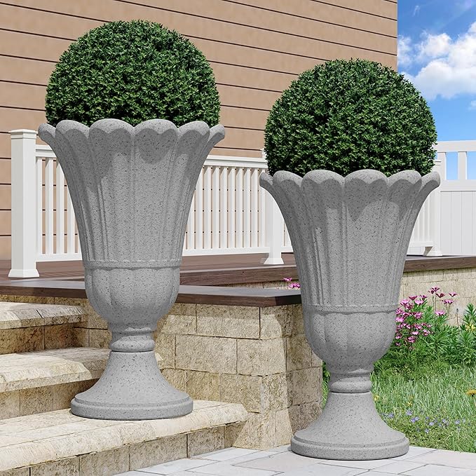 23" Tall Planters for Outdoor Plants Set of 2, Planter with Drainage Holes and Petal Design, Large Outdoor Planters for Porch, Garden, Indoor, Grey