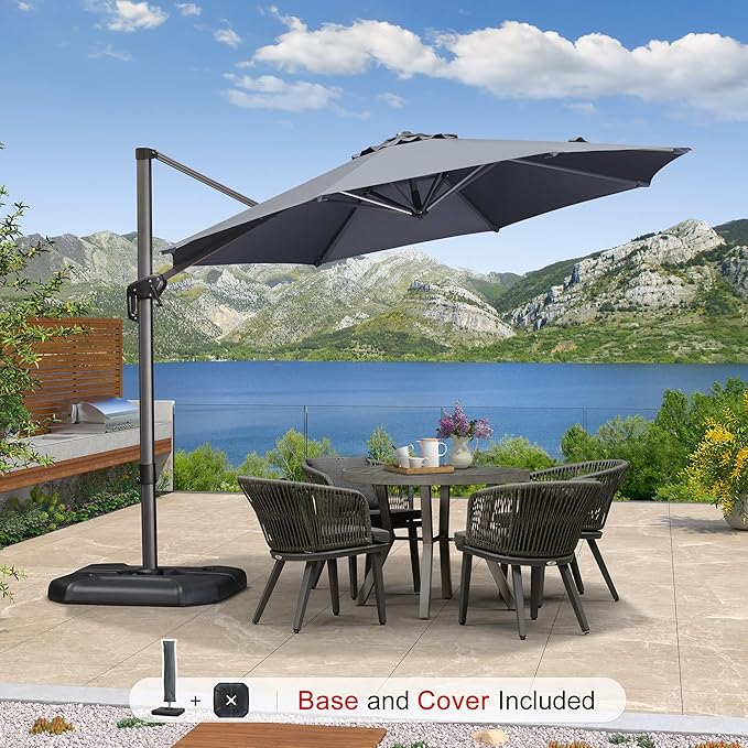 PURPLE LEAF 10 Feet Patio Umbrella with Base and Cover Round Outdoor Cantilever Umbrella Aluminum Offset Umbrella with 360-degree Rotation for Garden Deck Pool Patio Grey