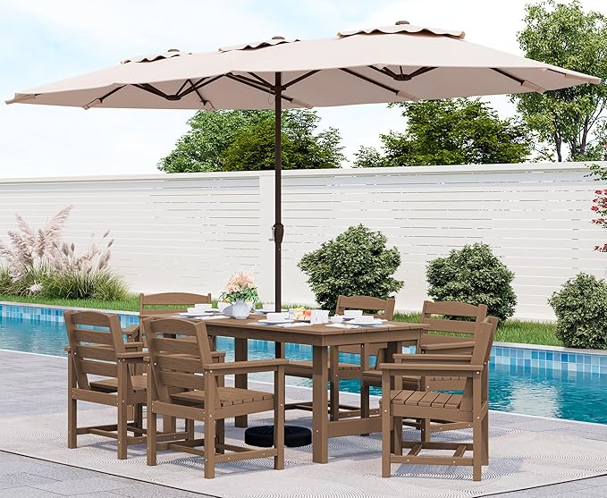 SERWALL 8-Piece Patio Dining Sets with 15FT Double Side Patio Umbrella, Outdoor HDPE Dining Furniture Set with Umbrella Hole Cut-Out Table and 6 Chairs, Brown（Umbreall Base not Included）