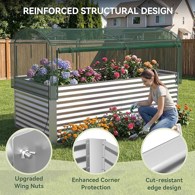 8x4x3 ft Tall Galvanized Raised Garden Bed with Self-Watering System, Elevated Planter Boxes Outdoor with Mesh Cover, Rectangular Deep Raised Beds for Gardening,Vegetables,Flower, Backyard, Patio