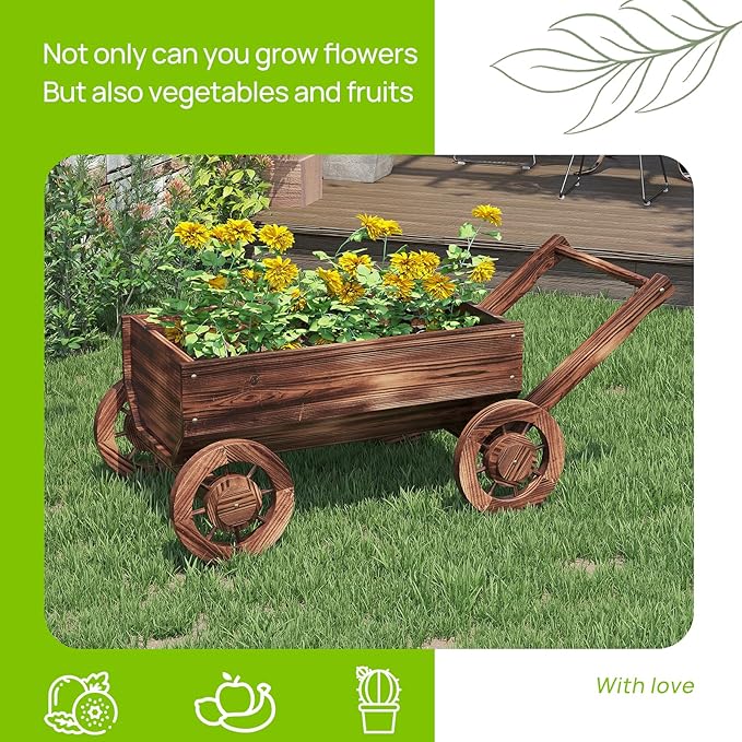 Wooden Flower Cart with Wheels Wooden Wagon Planter Outdoor Garden Planter Decor Planter for Patio Balcony Trolley Decoration Succulent Flower Pot, Indoor Backyard Balcon Decor（Large）