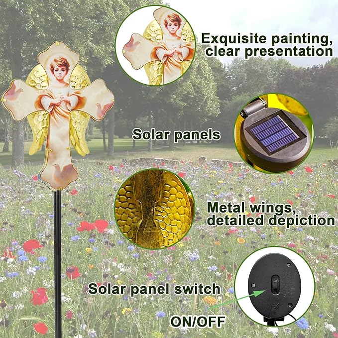 Solar Little Angel, Child Cross Garden Lights for Graves - Angel Wing Memorial Decor, Waterproof Cemetery Solar Stake Lights for Easter, Patio, Yard - Sympathy Gifts for Loved Ones1.