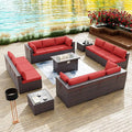 Kullavik 15 Pieces Outdoor Patio Furniture Set with 43" 55000BTU Gas Propane Fire Pit Table PE Wicker Rattan Sectional Sofa Patio Conversation Sets,Red