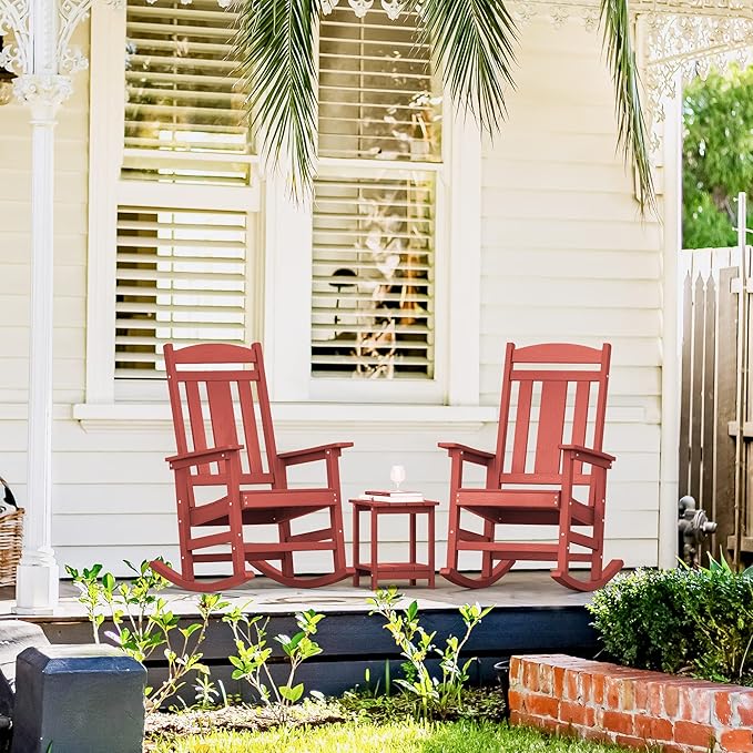 LUE BONA Outdoor Rocking Chairs Set of 2, HDPS Porch Rocker with High Back, Plastic Weather Resistant Rocking Chairs for Outdoor Indoor, Garden, Backyard, 350lb, Bright Red
