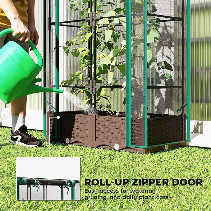 Outsunny Raised Garden Bed with Trellis, 46.5" Tomato Cage with Crop Cage, Self Watering Planter Box with Drainage Holes and Plugs for Outdoor Patio Climbing Plants, Vines, Vegetables, Flowers, Green