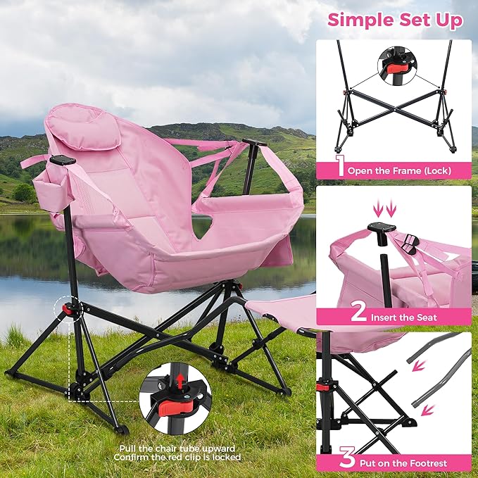 Ainfox Hammock Camping Chair with Footrest, Foldable Rocking Chairs for Adults Outside Swinging Camp with Cup Holder Pillow for Outdoor Patio Garden (Pink)