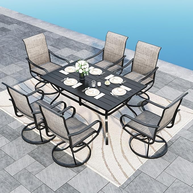 Sophia & William Patio Dining Set 7 Pieces, 6 x Patio Dining Swivel Chairs Padded with 1 Umbrella Table, Outdoor Table and Chairs for Lawn Garden