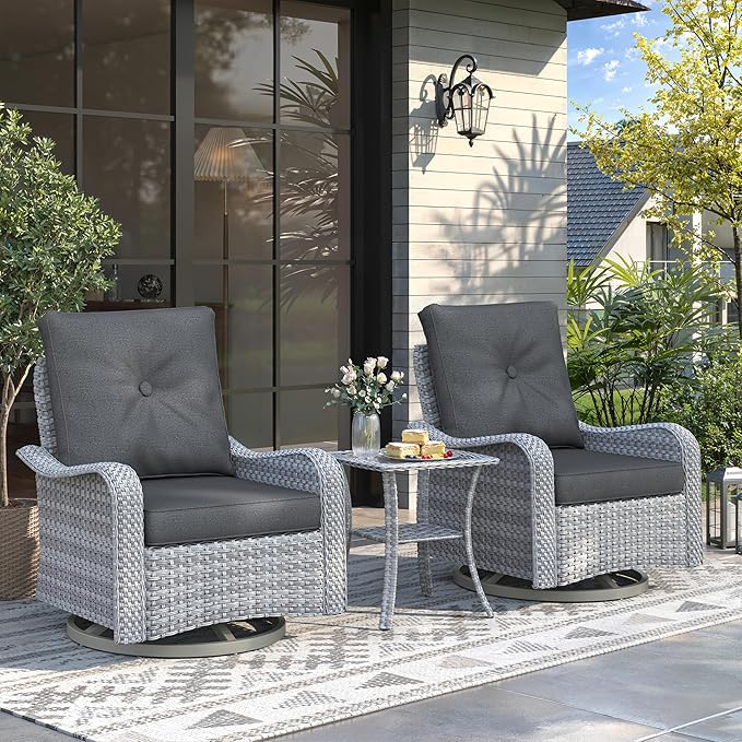 2-Seat Modern Patio Furniture Set with Swivel Rocking Chairs, Thick 4″ Cushions, Dual-Strand Wicker Rattan, Rust-Resistant Steel Frame – Outdoor Conversation & Modular Sectional,Black