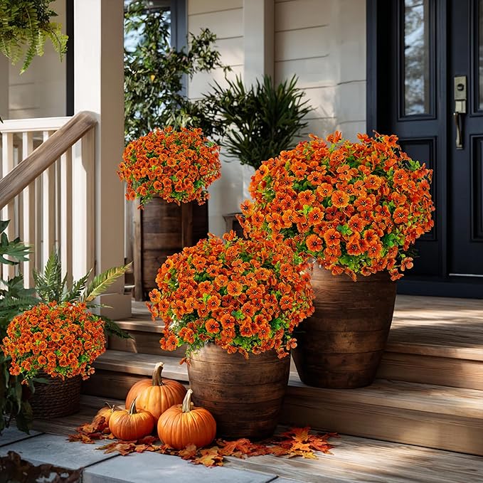 Artificial Fall Flowers Outdoor Fake Mums - 16 Bundles Fake Plants UV Resistant No Fade Faux Plastic Greenery Garden Porch Patio Fall Home Decor (Red Orange16)