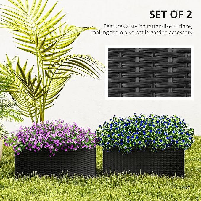 Outsunny Railing Planter Box (2 Pack, 20 Inch), Hanging Flower Pots with Hooks, Drainage Holes for Fence, Balcony, Garden, Patio, Rattan Look, Black