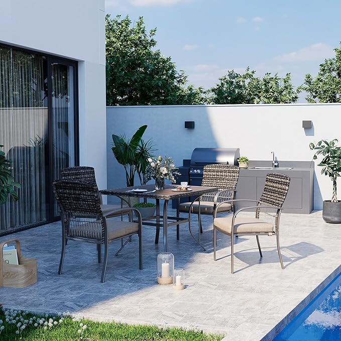 Pamapic Outdoor 5-Piece Patio Dining Set, Weather Resistant PE Rattan Table and Chairs, Comfortable Cushions, Easy Maintenance, 5 PCS, Beige