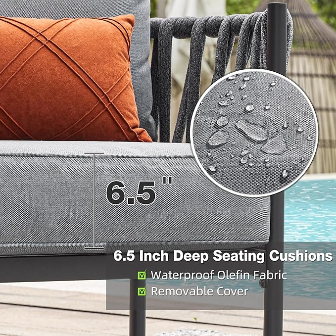 Outdoor Patio Furniture, 6 Pieces Outdoor Sectional L-Shaped Sofa Patio Conversation Sets, Patio Furniture Set with Thick Cushions and Coffee Table for Garden, Poolside, Backyard, Grey