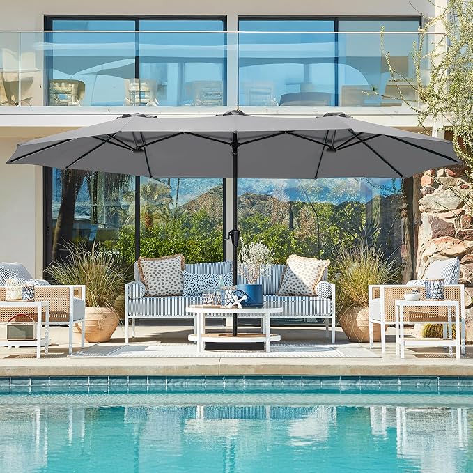 SUPERJARE 15FT Outdoor Umbrella for Patio, Double sided Pool Umbrellas with Fade Resistant Canopy, Large Table Umbrella for Deck, Market, Backyard - Gray